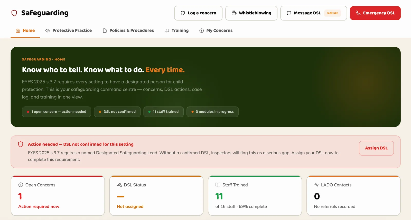 Safeguarding home dashboard with DSL status, open concerns, staff training and LADO contacts for Cedar Tree
