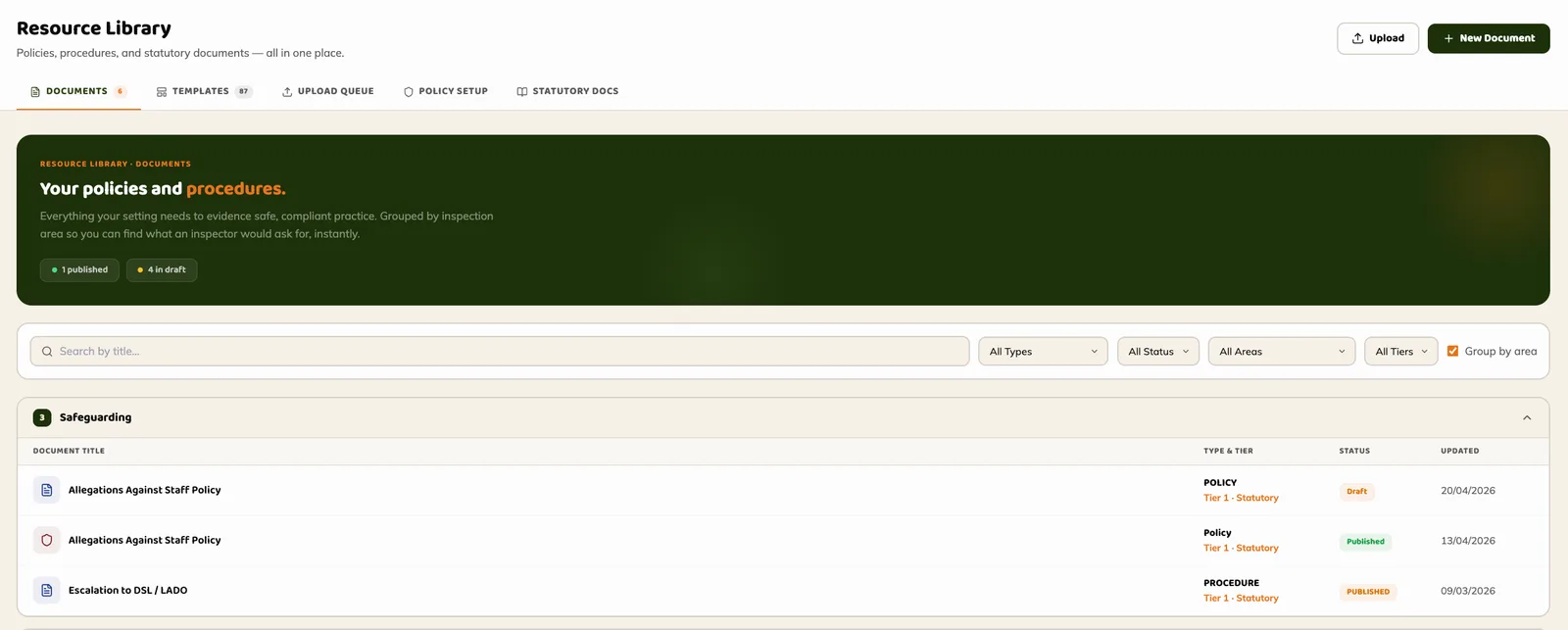 Resource Library documents view with policies grouped by inspection area, showing type, tier and publish status