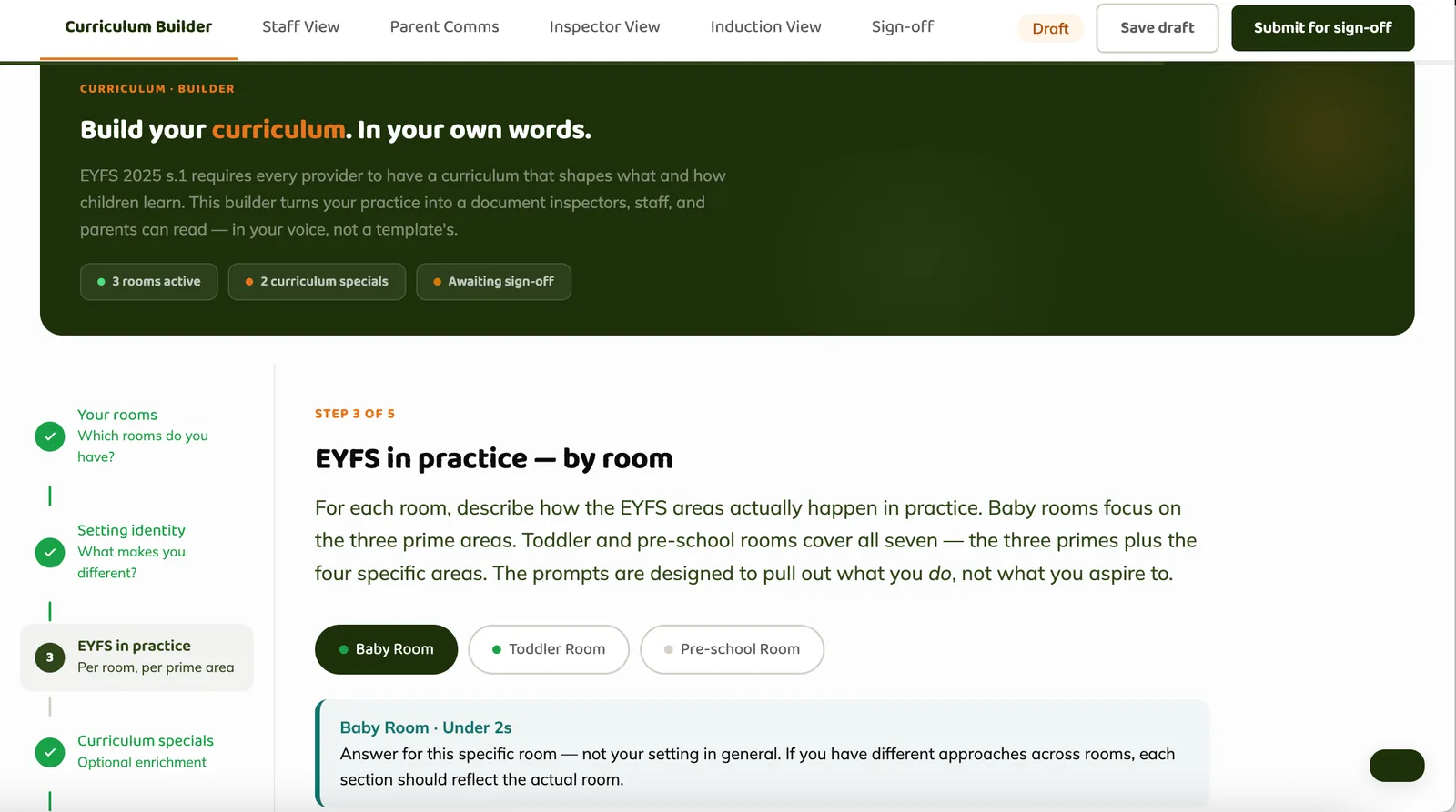 Curriculum Builder showing EYFS-in-practice step, per-room prompts and sign-off flow
