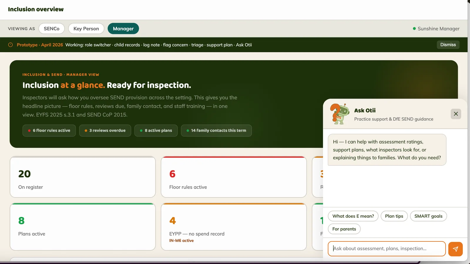 Inclusion & SEND overview dashboard showing register, floor rules, reviews and Ask Otii assistant